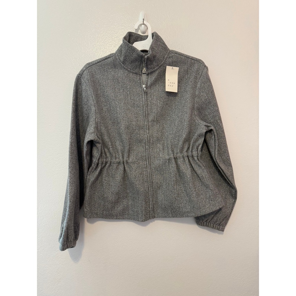 A New Day Womens Gray Full Zip Cinched Waist Fleece Jacket Mock Neck Medium NWT